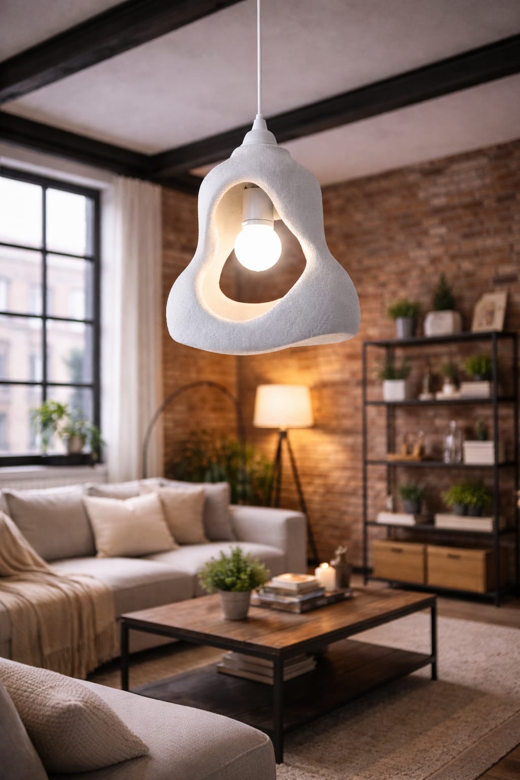 Organic Sculptural Pendant Light — Textured Plaster-Look Ceiling Lamp with Open Cutout Design