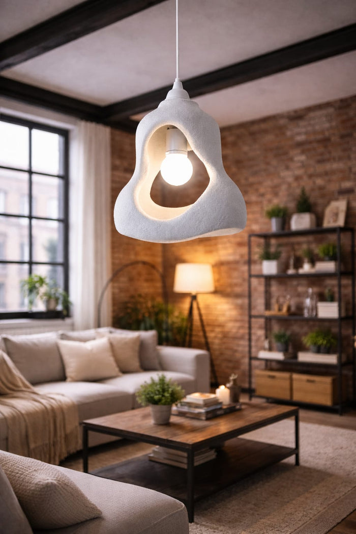 Organic Sculptural Pendant Light — Textured Plaster-Look Ceiling Lamp with Open Cutout Design