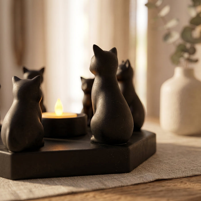 Black Cat Ring Candle Holder — Whimsical Tabletop Decor