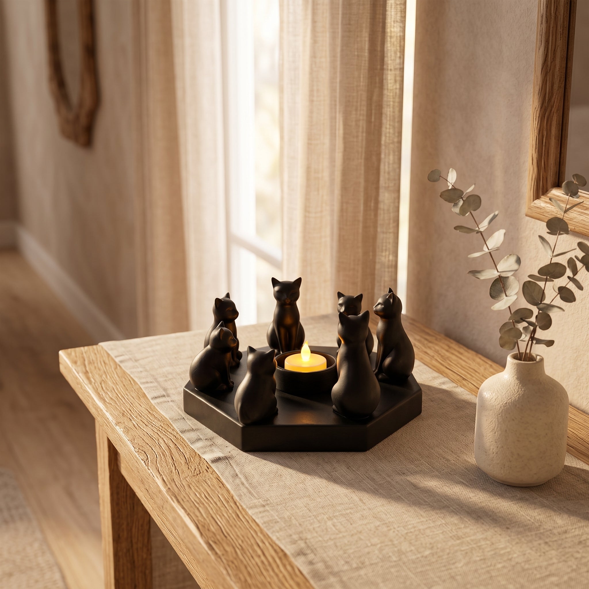 Black cat ring candle holder styled