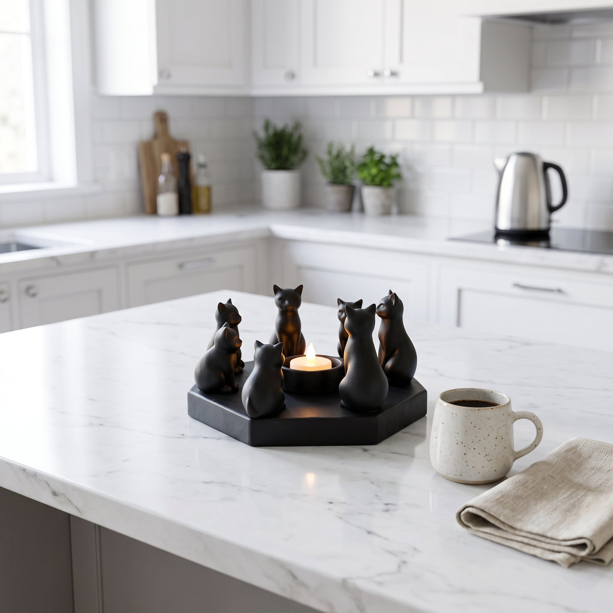 Black cat ring candle holder styled on counter