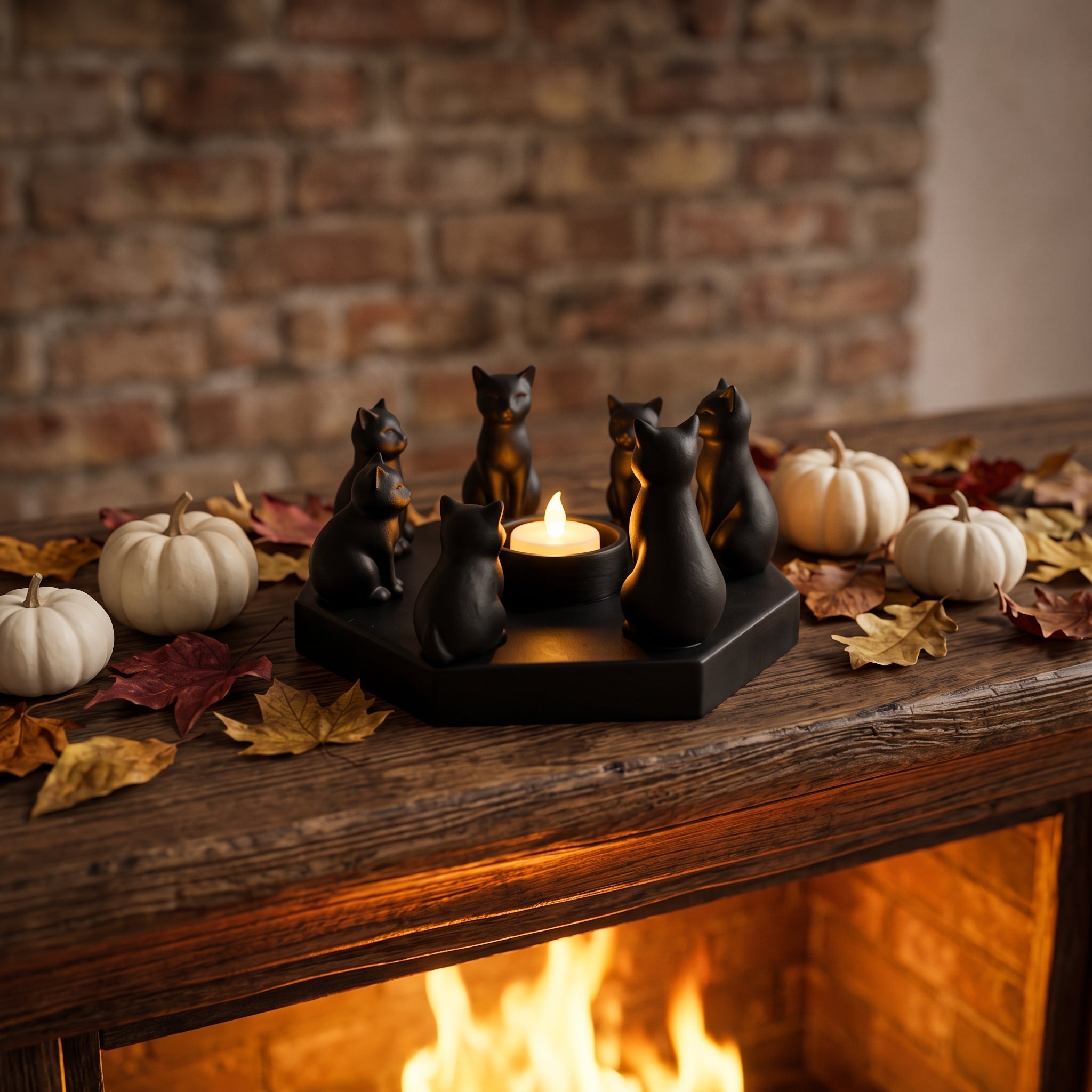 Black cat ring candle holder on wooden mantel