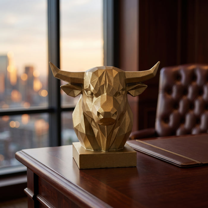 Geometric Bull Head Bust Sculpture — Modern Low-Poly Gold Resin Decor