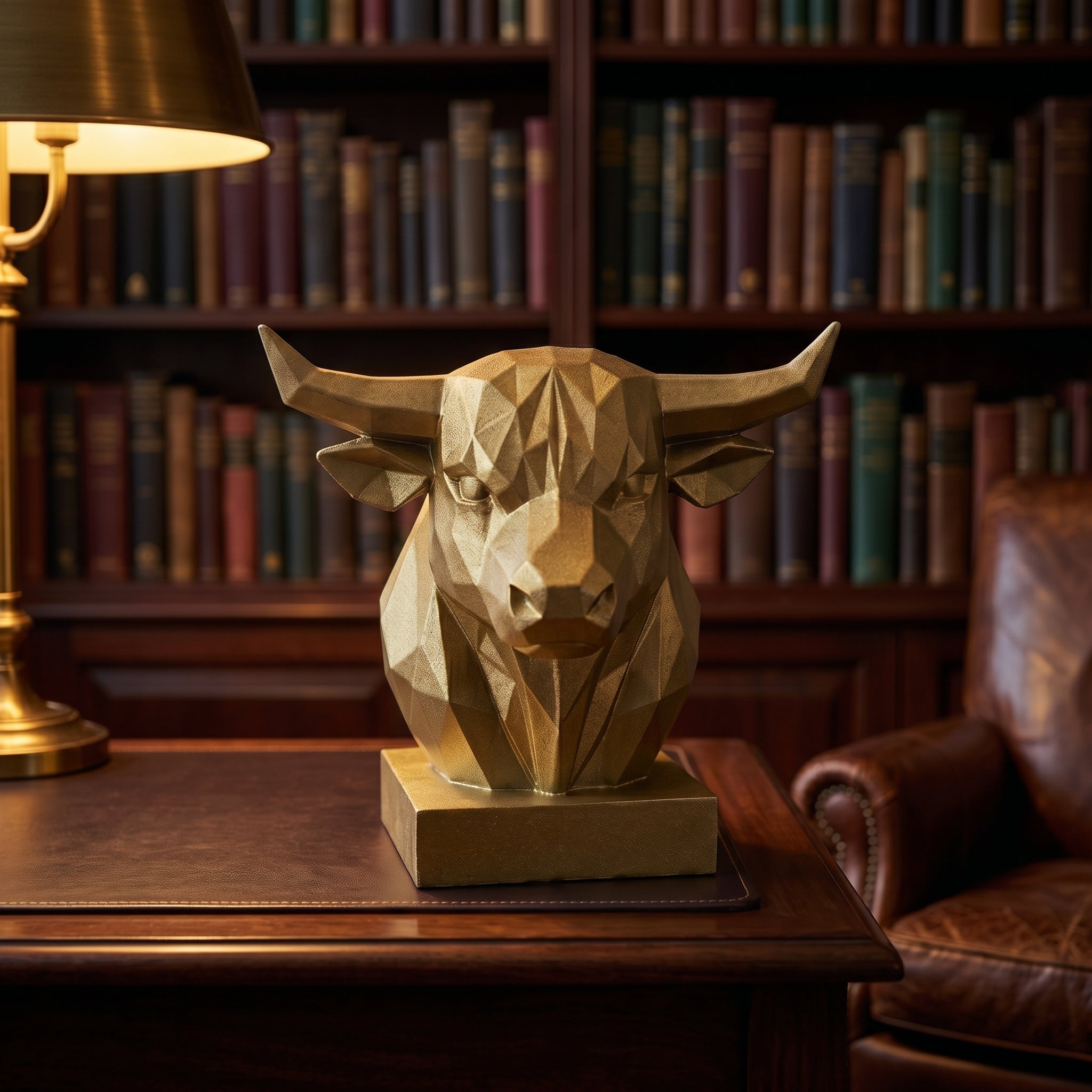 Geometric Bull Head Bust Sculpture — Modern Low-Poly Gold Resin Decor