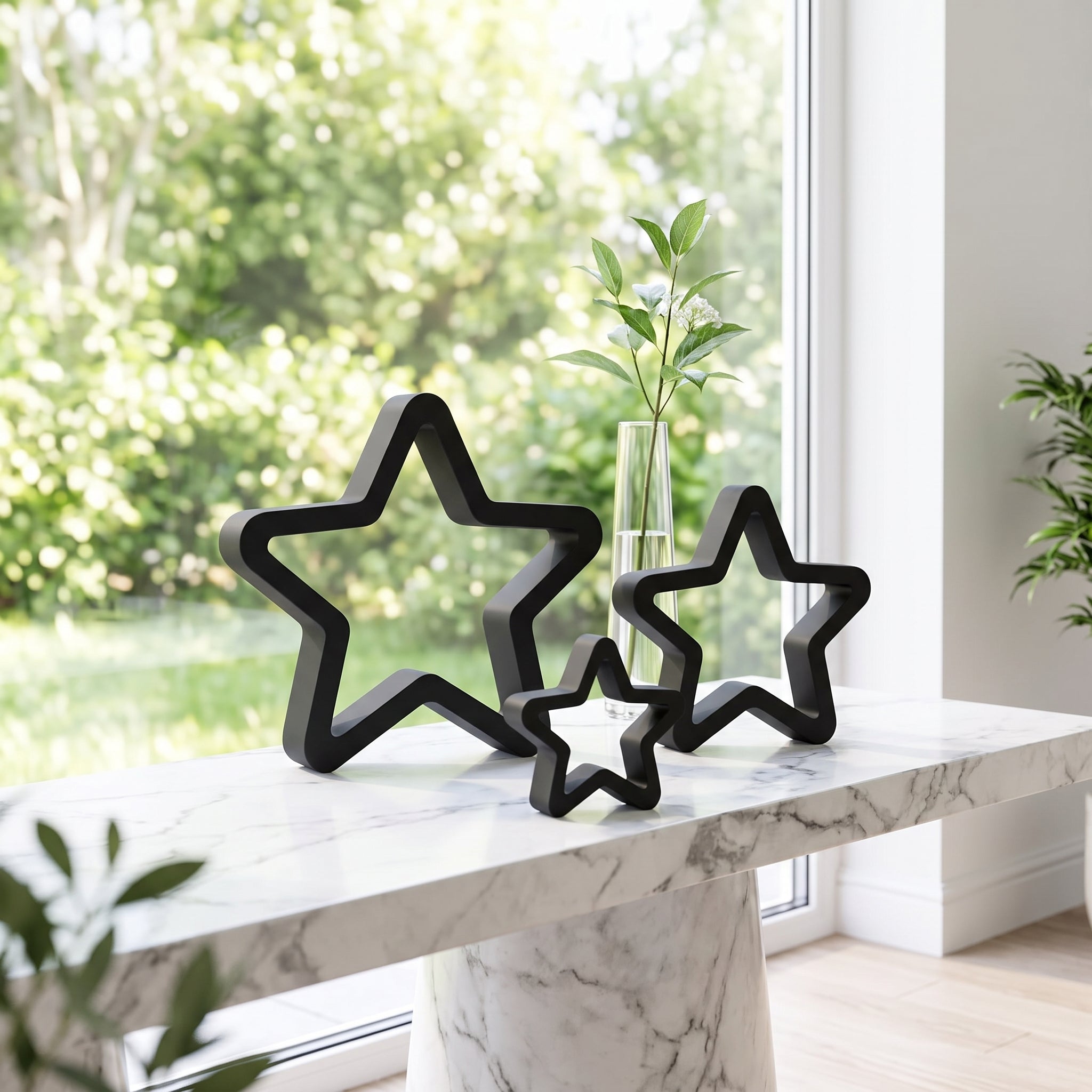 3-Piece Decorative Star Sculpture Set — Modern Geometric Shelf Decor, Matte Charcoal