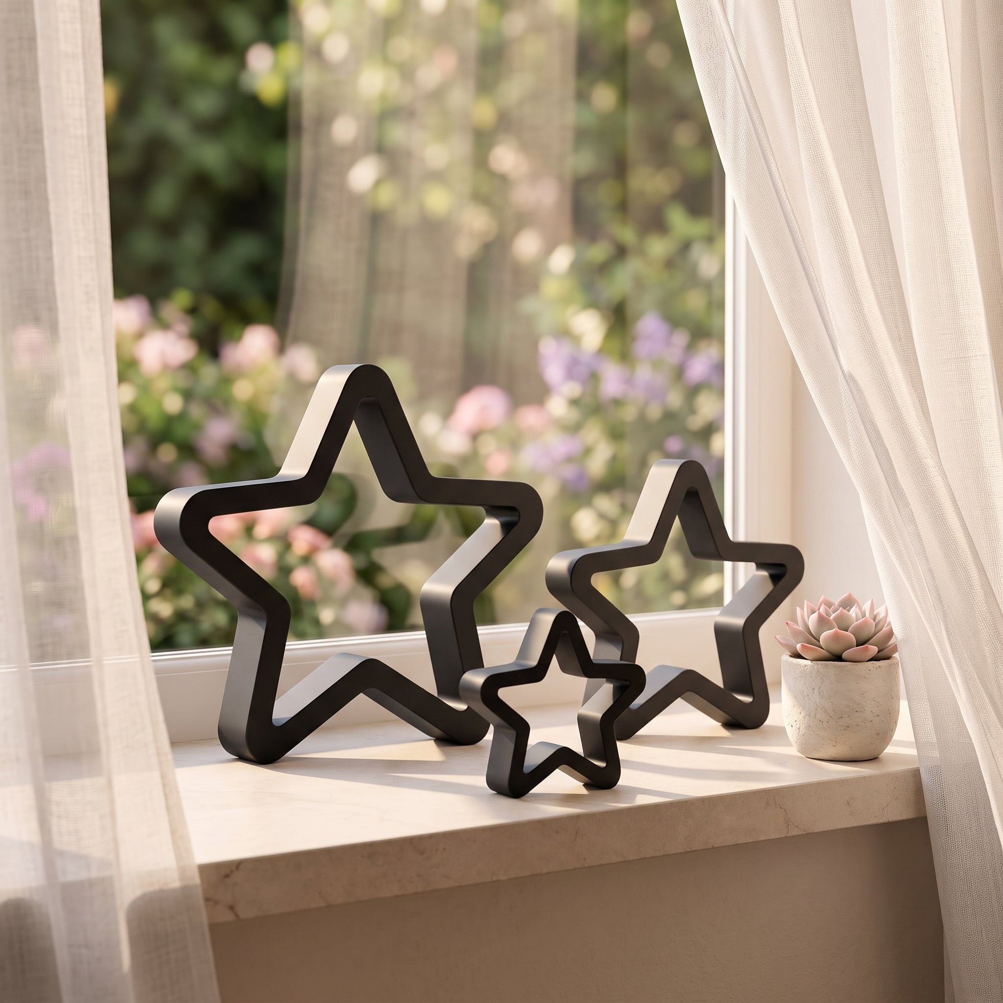 3-Piece Decorative Star Sculpture Set — Modern Geometric Shelf Decor, Matte Charcoal