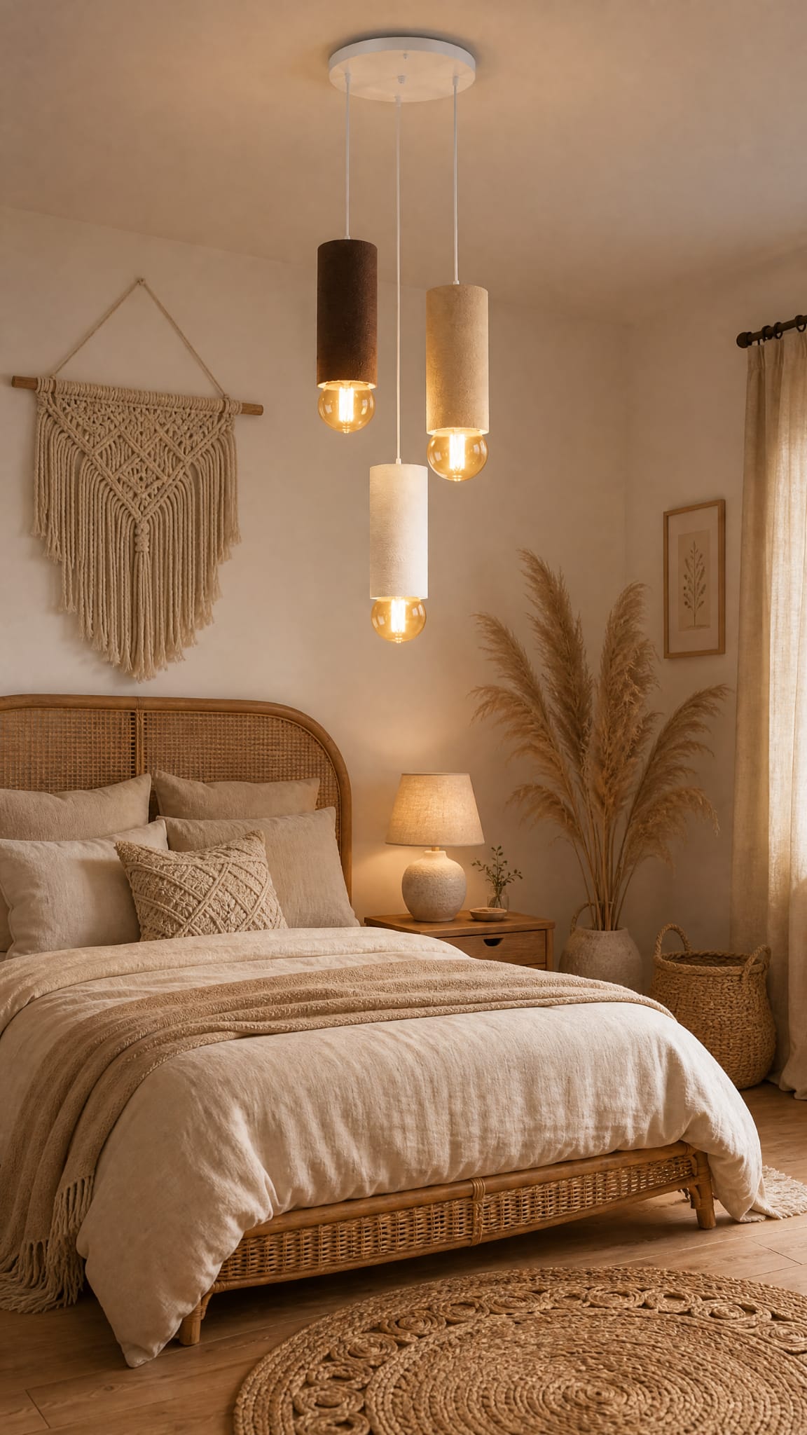 3-light cylinder pendant chandelier over a bed
