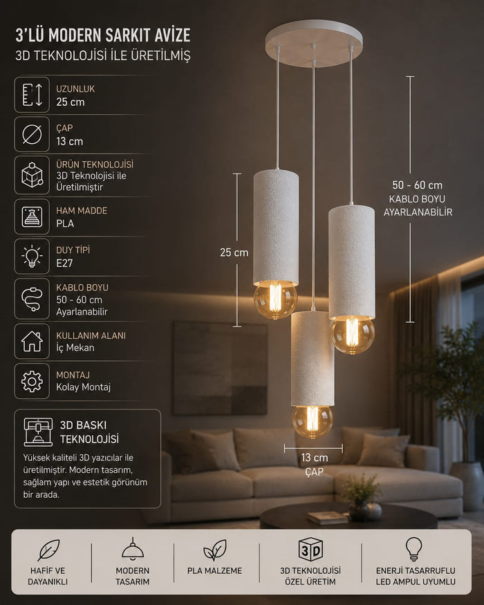 3-Light Cluster Pendant Light – Modern Textured Cylinder Ceiling Fixture, 3D Printed