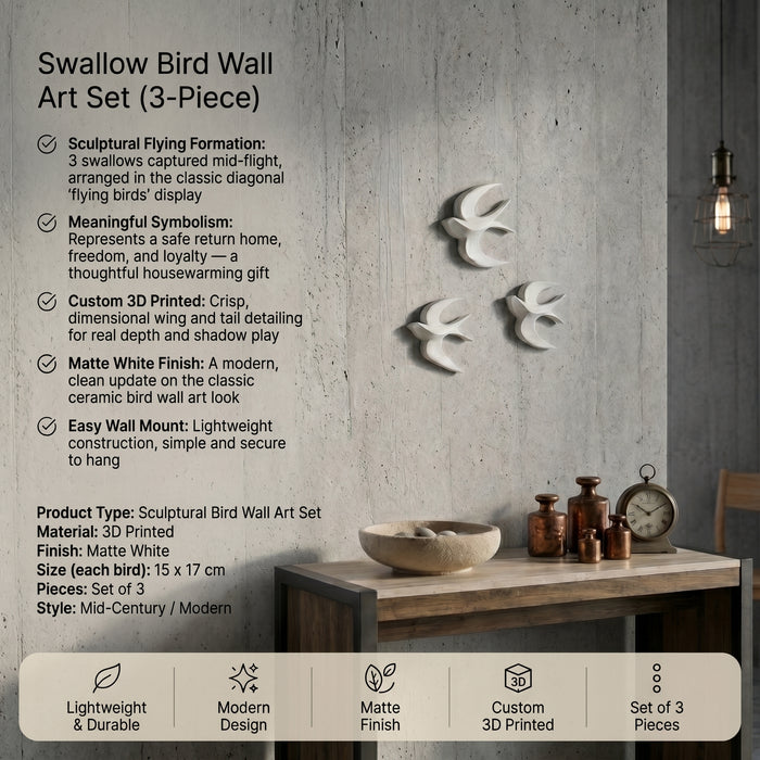 Swallow Bird Wall Art Set (3-Piece) — Sculptural Flying Birds Wall Decor