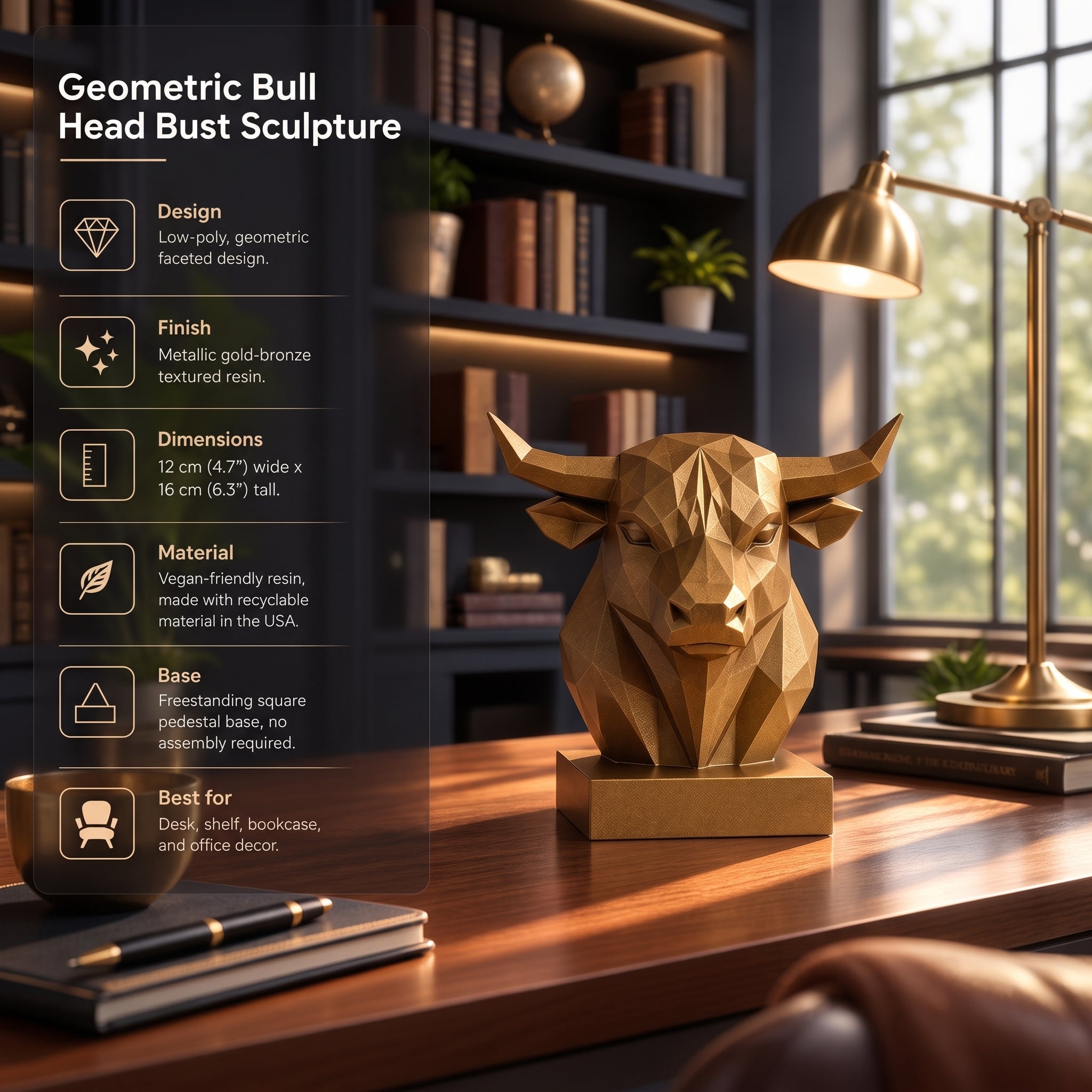 Geometric Bull Head Bust Sculpture — Modern Low-Poly Gold Resin Decor