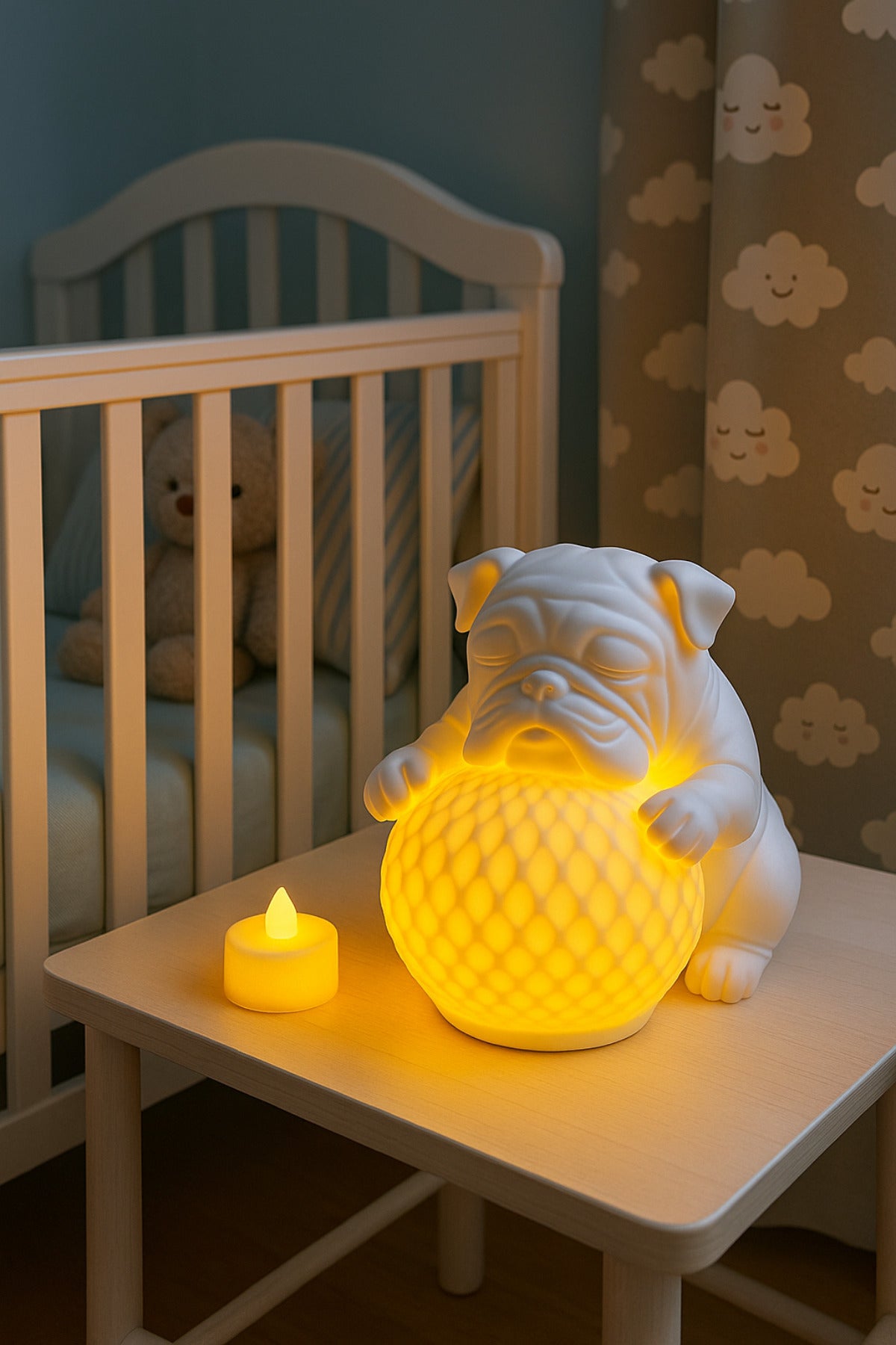 Bulldog Night Light, Sculptural Dog Table Lamp with Glowing Orb