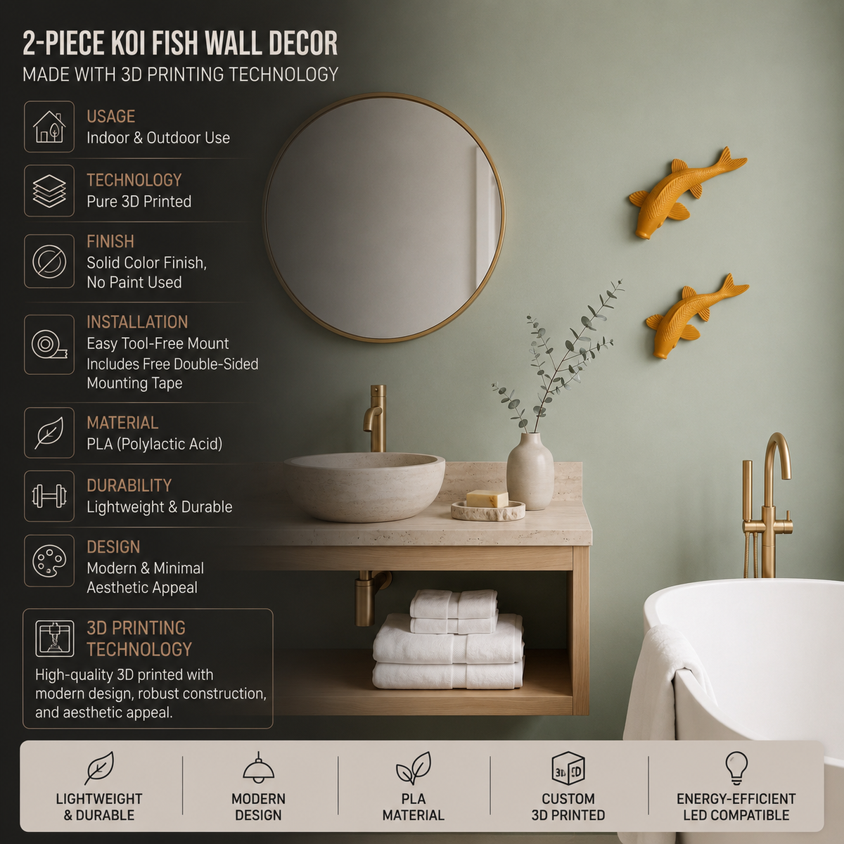 Koi Fish Wall Decor, Set of 2 – 3D Printed Wall Sculpture, Modern Zen Wall Art