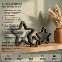 3-Piece Decorative Star Sculpture Set — Modern Geometric Shelf Decor, Matte Charcoal 1