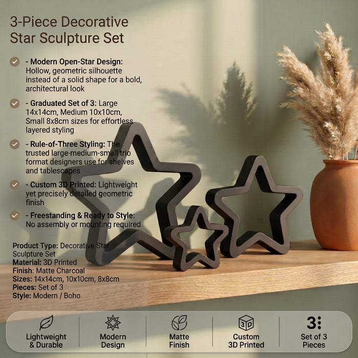3-Piece Decorative Star Sculpture Set — Modern Geometric Shelf Decor, Matte Charcoal