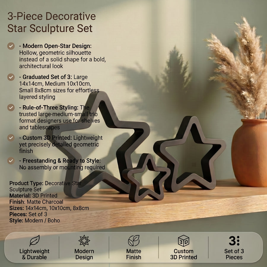 3-Piece Decorative Star Sculpture Set — Modern Geometric Shelf Decor, Matte Charcoal